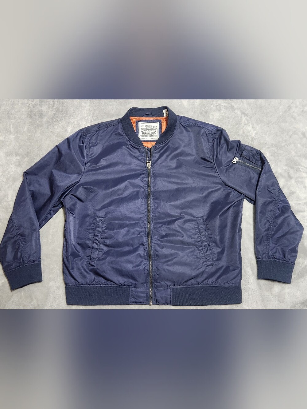 Levi’s Men’s Flight Bomber Jacket Navy Blue Orange Lining Full Zip Size XXL